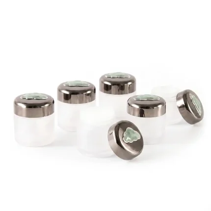 kemasan pot loose powder ukuran kecil bentuk silinder rounded dengan inner sifter