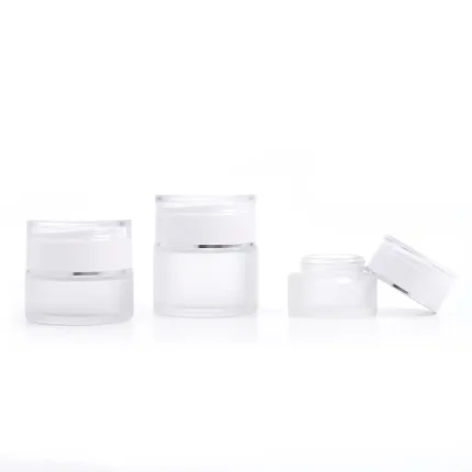 kemasan kosmetik GLASS JAR HJ-G0229-SERIES varian warna putih frosted dengan cap putih glossy