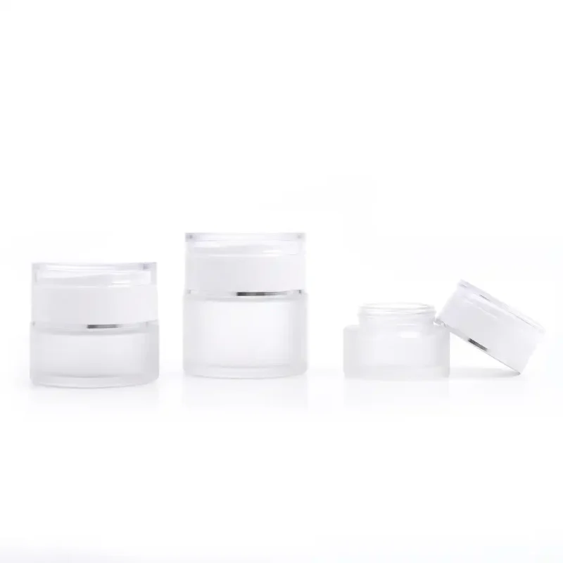 kemasan kosmetik GLASS JAR HJ-G0229-SERIES varian warna putih frosted dengan cap putih glossy